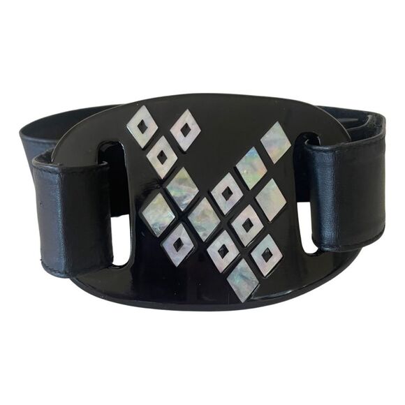 VINTAGE Doncaster Suede Leather Belt With Mother of Pearl Buckle Black - Picture 3 of 8